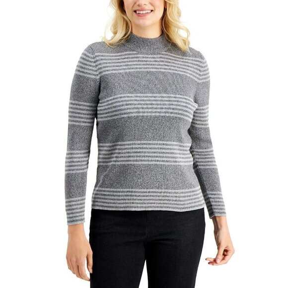 Karen Scott Womens Size Large Claire Cotton Striped Ribbed Mock-Neck Sweater 289 - Picture 1 of 7